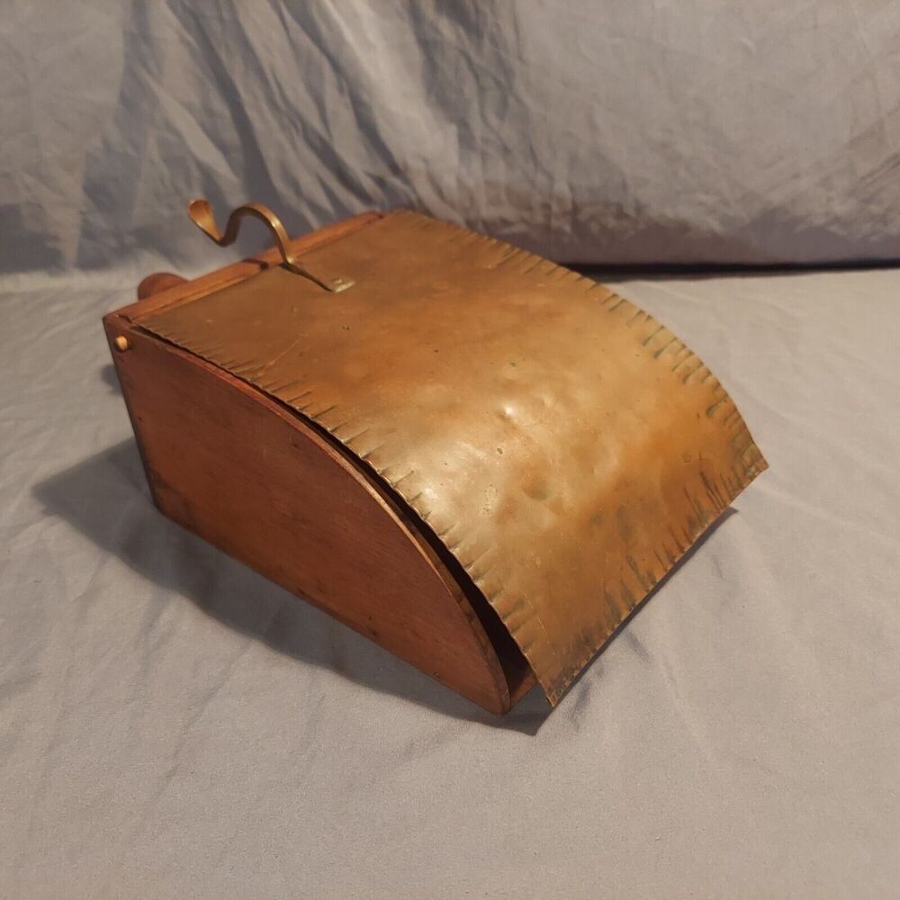 Coal Skuttle Wood and Copper Vintage with Copper Top and Grooved Wooden Scoop